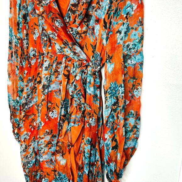 CAROLINE CONSTAS 100% Silk Orange Teal Floral Vivian V-Neckline Dress Size Large - Picture 9 of 16